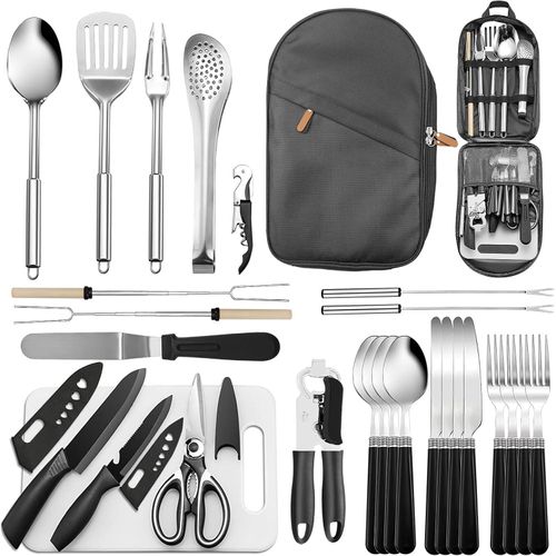 Camping Set 27-teilig, Kochzubehör, für Camping, Besteck und Schneidebrett