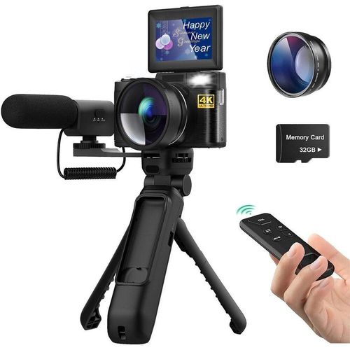 ZELURXX 3,0" Videokamera, mit 180° flip, Camcorder, Digitalkamera, 48 MP, mit Stativ und Mikrofon, 16x Digitalzoom, Vlogging Kamera, Schwarz