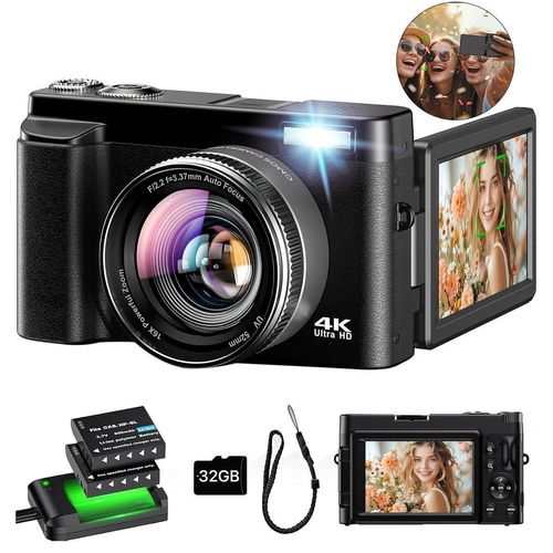 4K Digitalkamera,Kompaktkamera,32GB Karte 48MP Fotokamera mit Charger,Tragbare Selfie Kamera,3"180° Flip Bildschirm