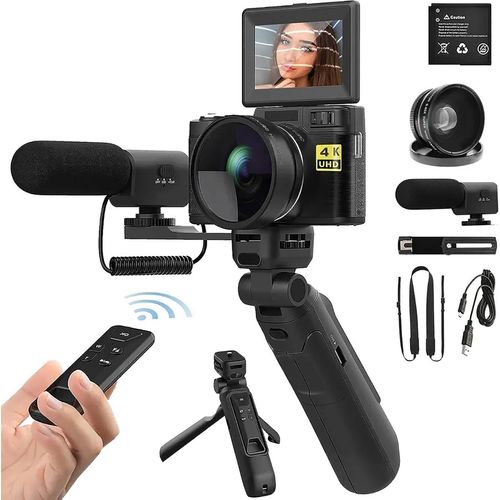 Fine Life Pro 4K Videokamera Camcorder Digitalkamera, 48MP Fotokamera, 16x Digitalzoom Vlogging Kamera mit Stativ und Mikrofon, Kompaktkamera mit 32GB