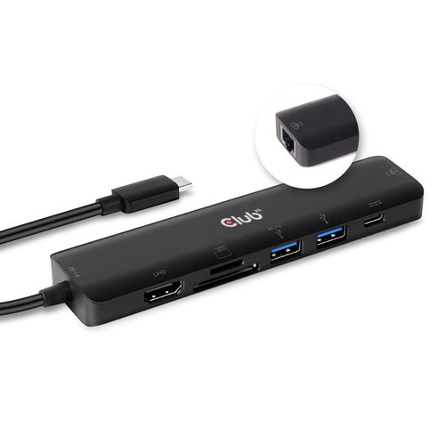 CLUB3D USB type C 7in1 Hub HDMI 4K60Hz SD TF Card slot 2x USB Type A USB Type C PD RJ45, Andocken, USB 3.2 Gen 1 (3.1 Gen 1) Type-C, 100 W, 10,100,1000 Mbit/s, Schwarz, MicroSD (TransFlash), MicroSDHC, MicroSDXC, MiniSD, SD, SDHC