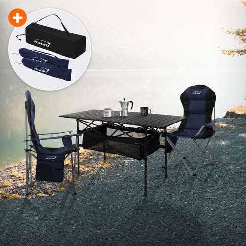Hauki Campingmöbel Set 3tlg., Klapptisch Schwarz mit 2 Campingstühlen Blau inkl. Tragetasche