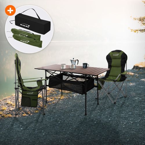 Hauki Campingmöbel Set 3tlg., Klapptisch Braun mit 2 Campingstühlen Khaki inkl. Tragetasche
