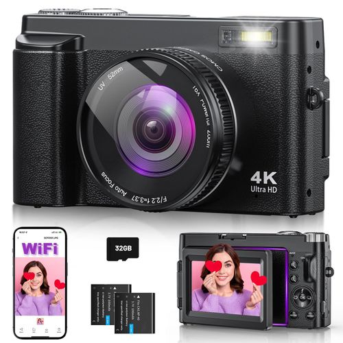 4K 64MP WiFi Digitalkamera, 180° Klappbildschirm Autofokus Vlogging Kamera (Selfie, 16X Zoom, 32GB Karte, 2 Akkus) Kompaktkamera für Anfänger
