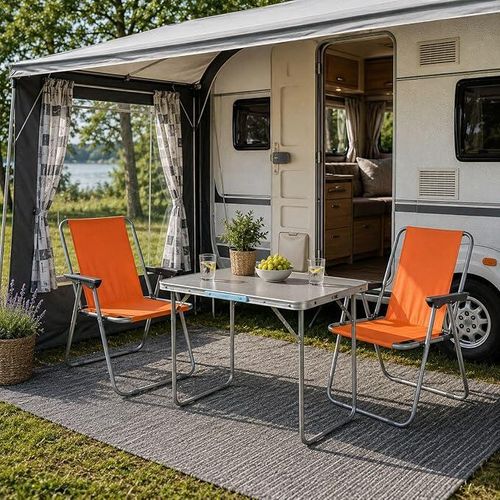 3tlg Campingmöbel Set Outdoormöbel Alu Camping L70xB50xH59cm 1x Campingtisch mit Tragegriff + 2 Campingstühle Orange