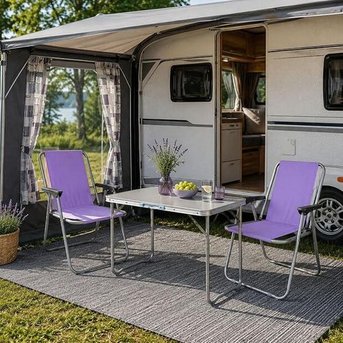 3tlg Campingmöbel Set Outdoormöbel Alu Camping L70xB50xH59cm 1x Campingtisch mit Tragegriff + 2 Campingstühle Lila